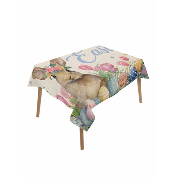 Spring Easter Rectangle Tablecloth, Pink Tulip Flowers Bunny Floral Rustic Waterproof & StainResistant Tablecloth, Washable Oil-proof Table Cover for Dining/Party/Wedding/Camping/Buffet 52x70 In