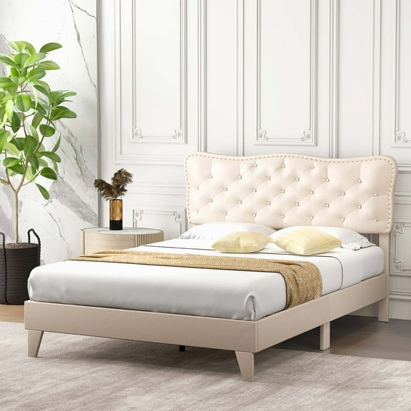 Costway Full Upholstered Platform Bed Frame Button-Tufted Headboard Mattress Foundation
