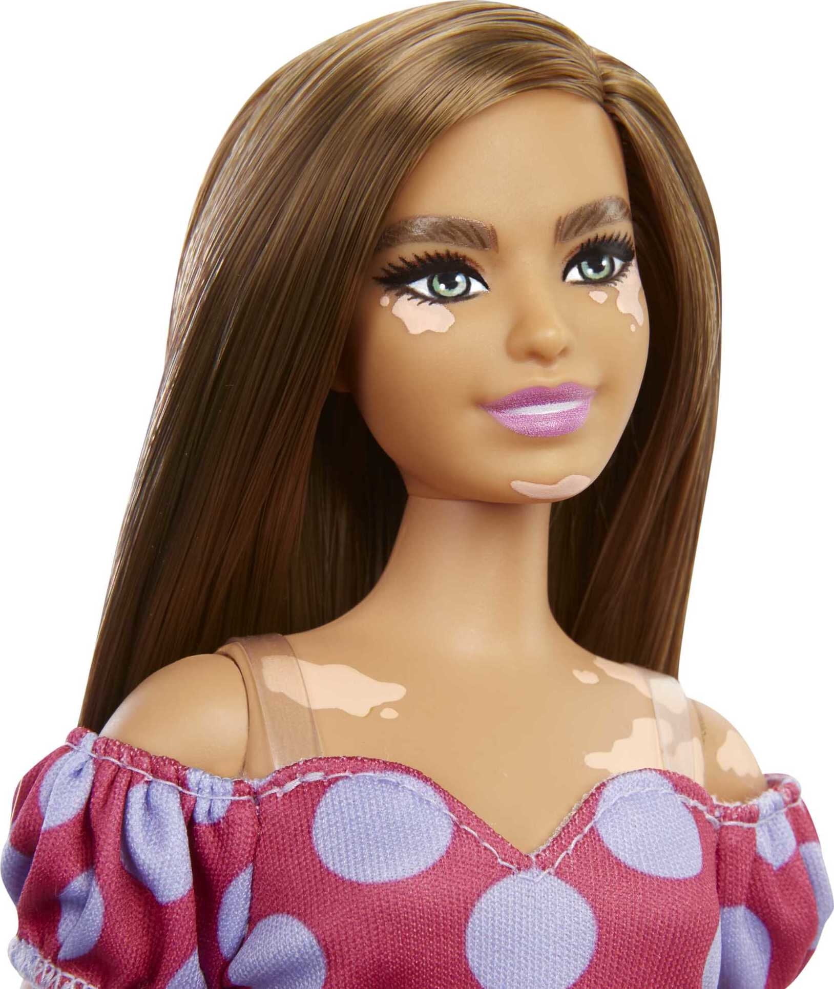 Barbie Fashionistas Doll #171, Curvy with Vitiligo & Long Brunette Hair in Polka Dot Dress