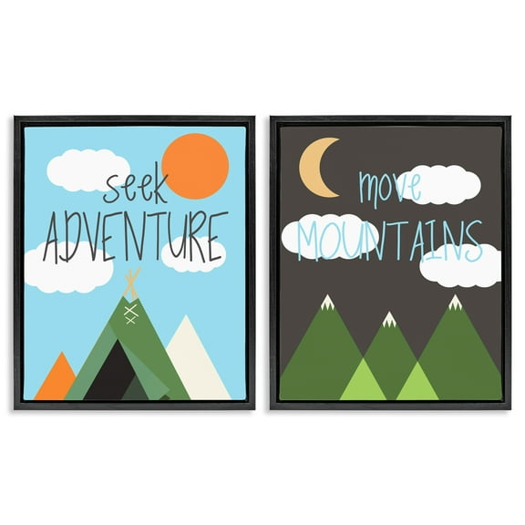 Stupell Industries Seek Adventure Move Mountains Text & Numbers Painting Black Floater Framed Canvas Art Print Wall Art, 17 x 21, Set of 2
