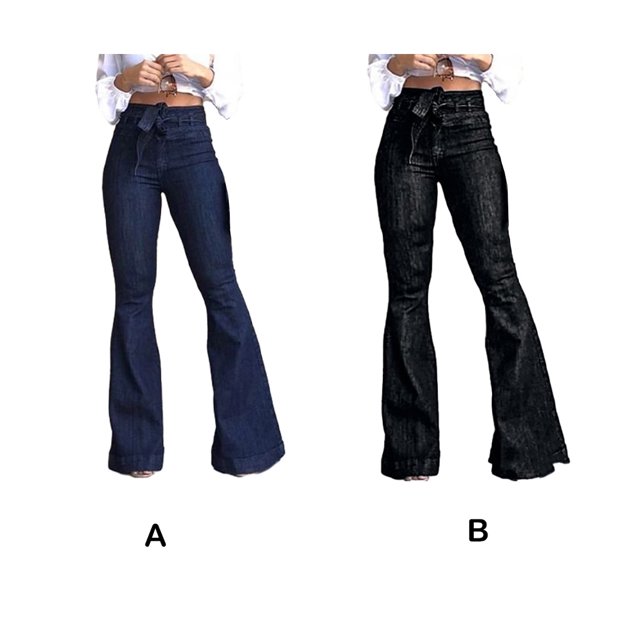pitrice Women Wide Leg Jeans High Waist Flared Pants Solid Color Strap Spring Summer Hip-Lifting Ladies Trousers For Office Blue M 2Set