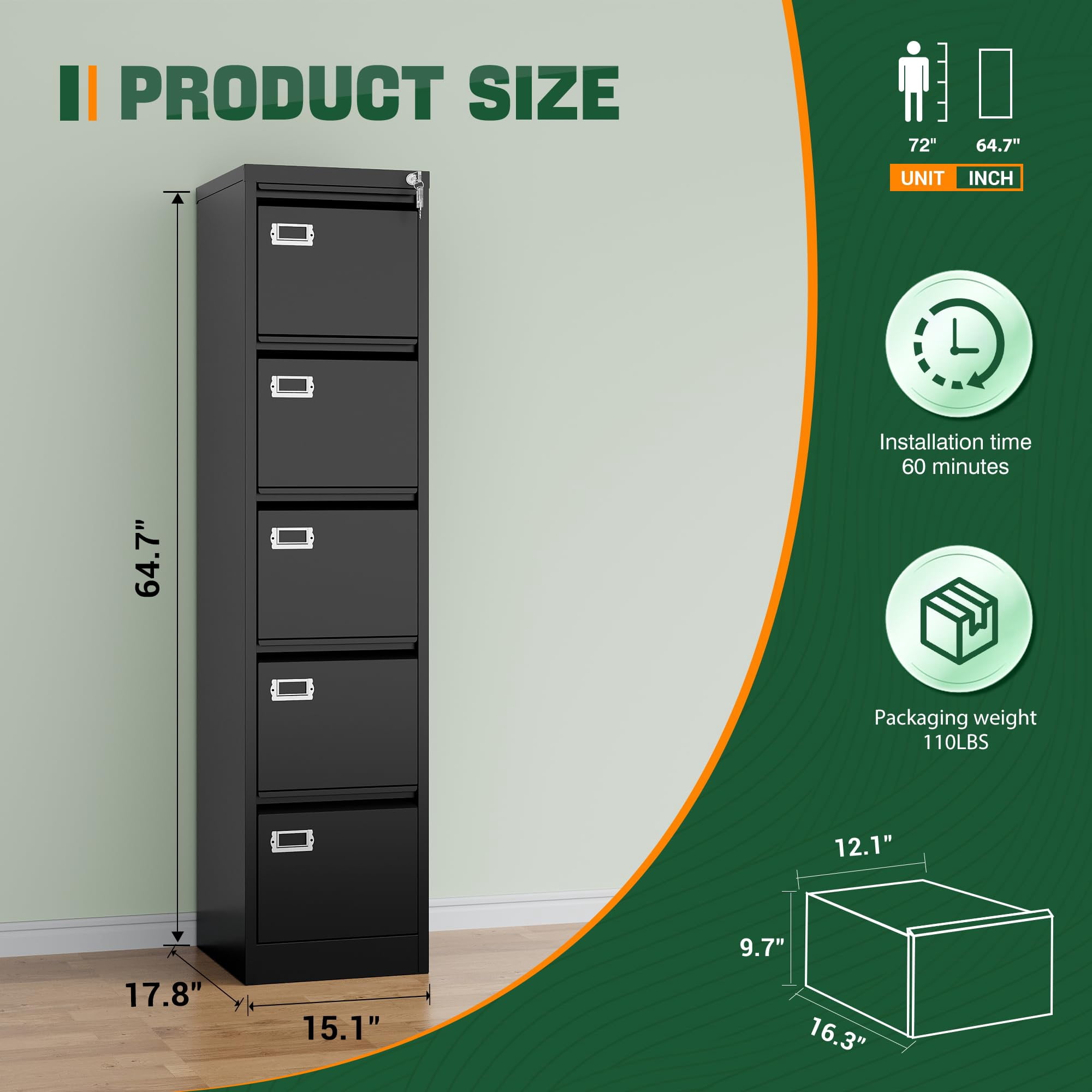 Fesbos 5 Drawer File Cabinet with Lock, Filing Cabinets for Home Office,18" Deep Vertical Metal Black Office File Storage Cabinet Organizer for Letter/Legal / A4