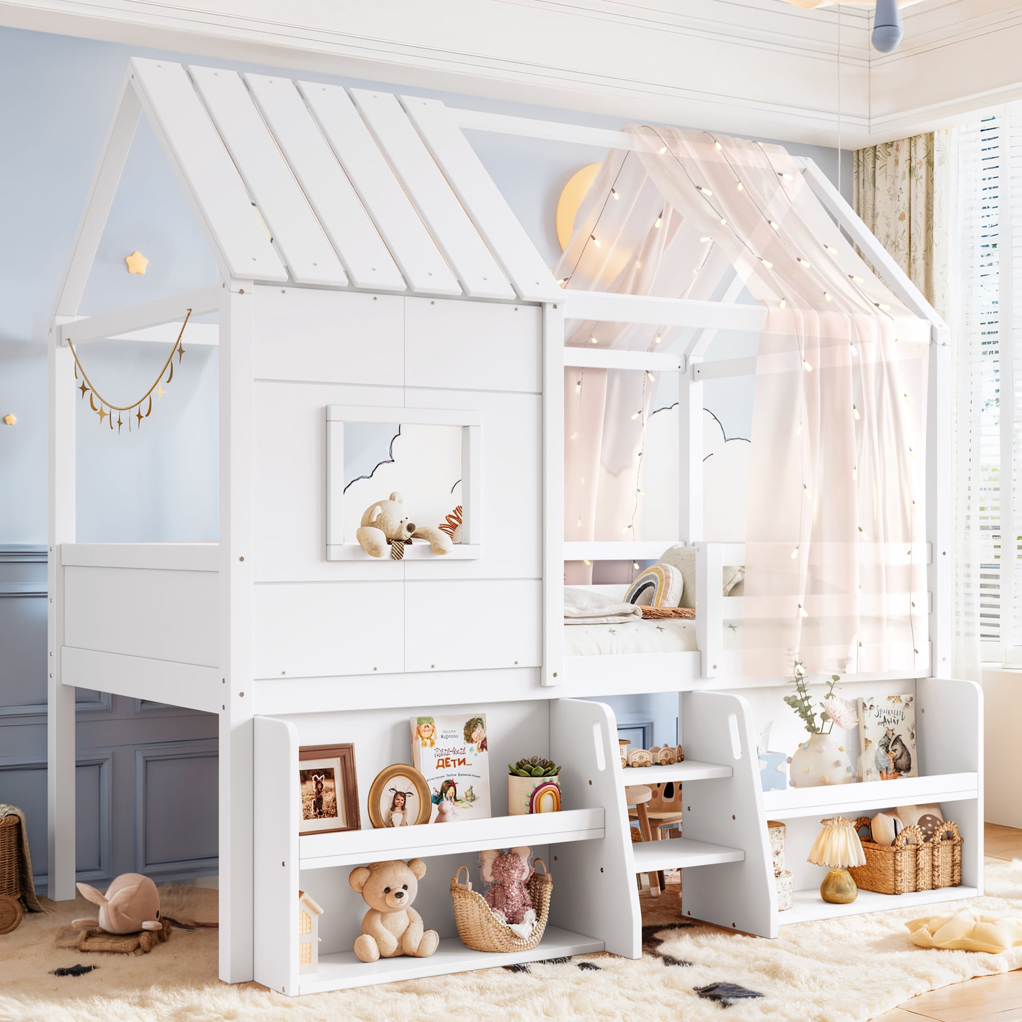Leumius Twin Size Loft Bed with Storage Shelves and Stairs, House Loft Bed with Playhouse Shape Roof and Window, Childlike and No Box Spring Needed Design, White