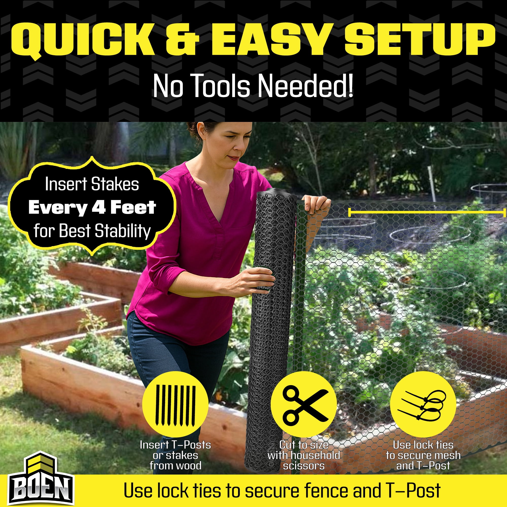 Boen - Plastic Hex Chicken Wire Mesh Temporary Fence Roll (4' x 25' - Black) - Plastic Fence Poultry Netting for Temporary or Semi Permanent Enclosures, Deer Netting Fence, Construction Fencing