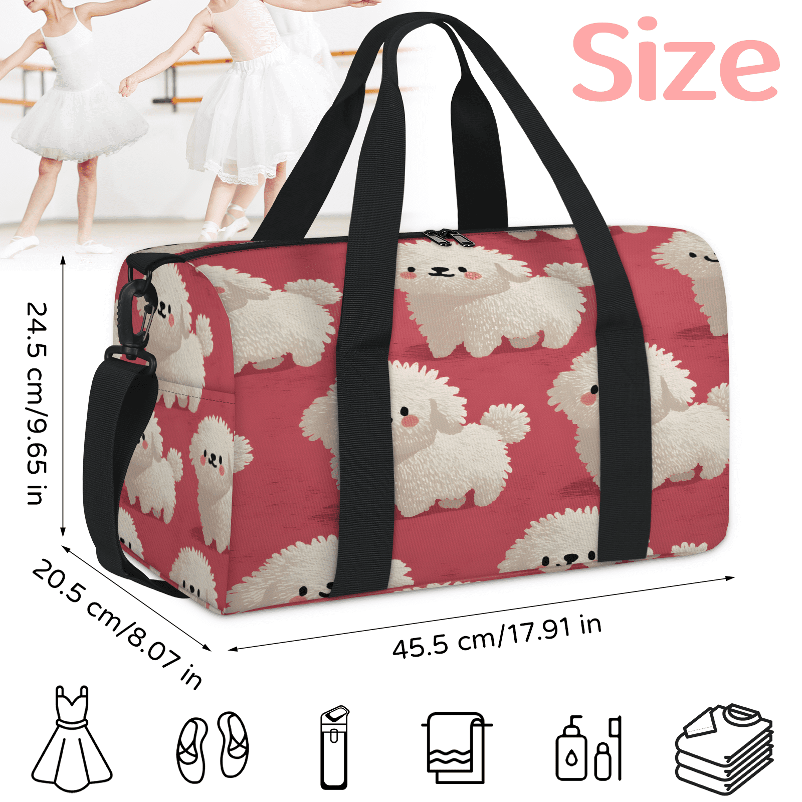 Herdesigns Cute Dog Gym Bag for Women, Duffle Bag for Travel Sport, White Puppy Lightweight Waterproof Carry on Weekender Dance Yoga Workout Bags