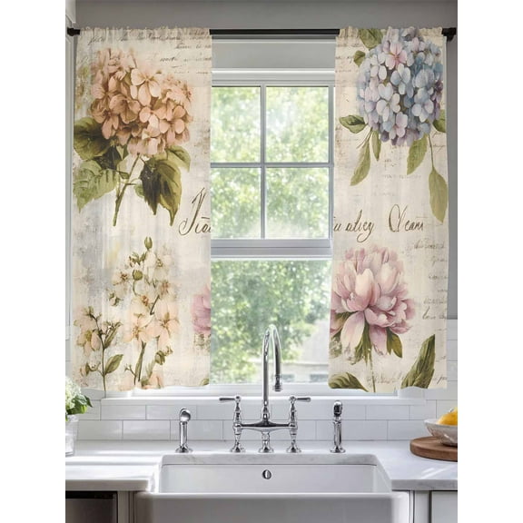 Spring Hydrangea Floral Sheer Curtains for Living Room Bedroom Vintage Botanical Flowers Sheer Curtains 63 Inch Long 2 Panels Set Light Filtering Curtain Window Treatments Drapes for Dining Room