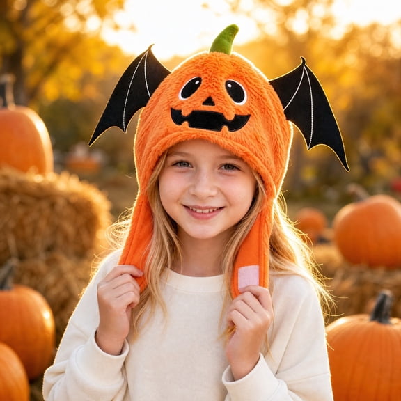Halloween Pumpkin Bat Plush Hat,Moving Ears Flap Novelty Costume Hat,Jack-O-Lantern Warm Fuzzy Headwear for Party Cosplay Decor,14"