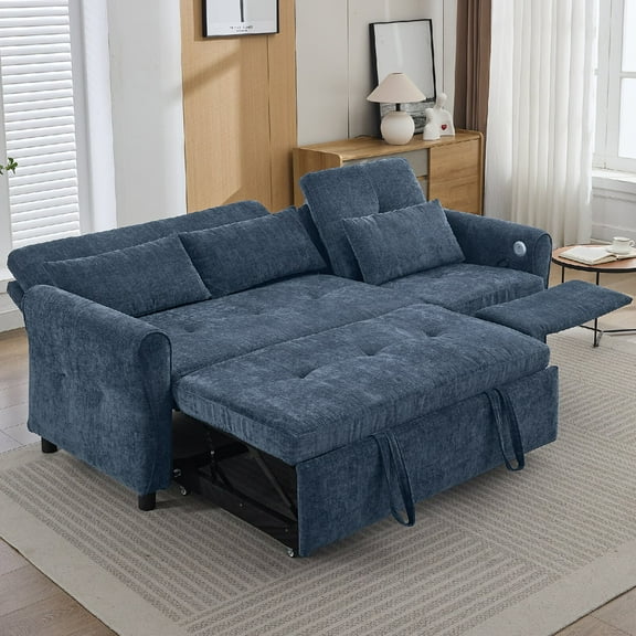 2 in 1 Convertible Sectional Sofa Bed with Charging Station and Reversible Recliner, 3-Seater Chenille Sleeper Couch with Pull Out Bed and Adjustable Backrest for Living Room, Apartment, Blue