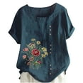 thumbnail image 2 of DTBPRQ Women's Linen Shirts Embroidered Blouse Cotton Linen Short Sleeve Boho Mexican Tunic Top Casual T Shirt, 2 of 4