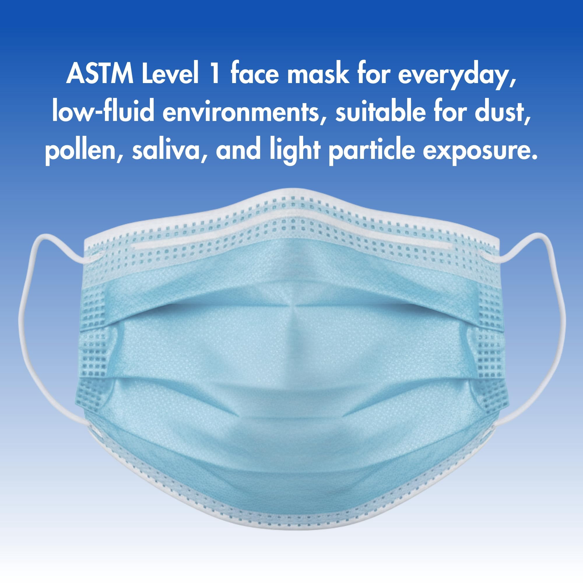 Criterion ASTM Level 1 Disposable Face Mask, Adult Size, Blue, 3-Ply, Fluid Resistant, Latex-Free, Flat Earloops, Adjustable Nose Piece, 50/Box - 3 Boxes (150 Total Masks)