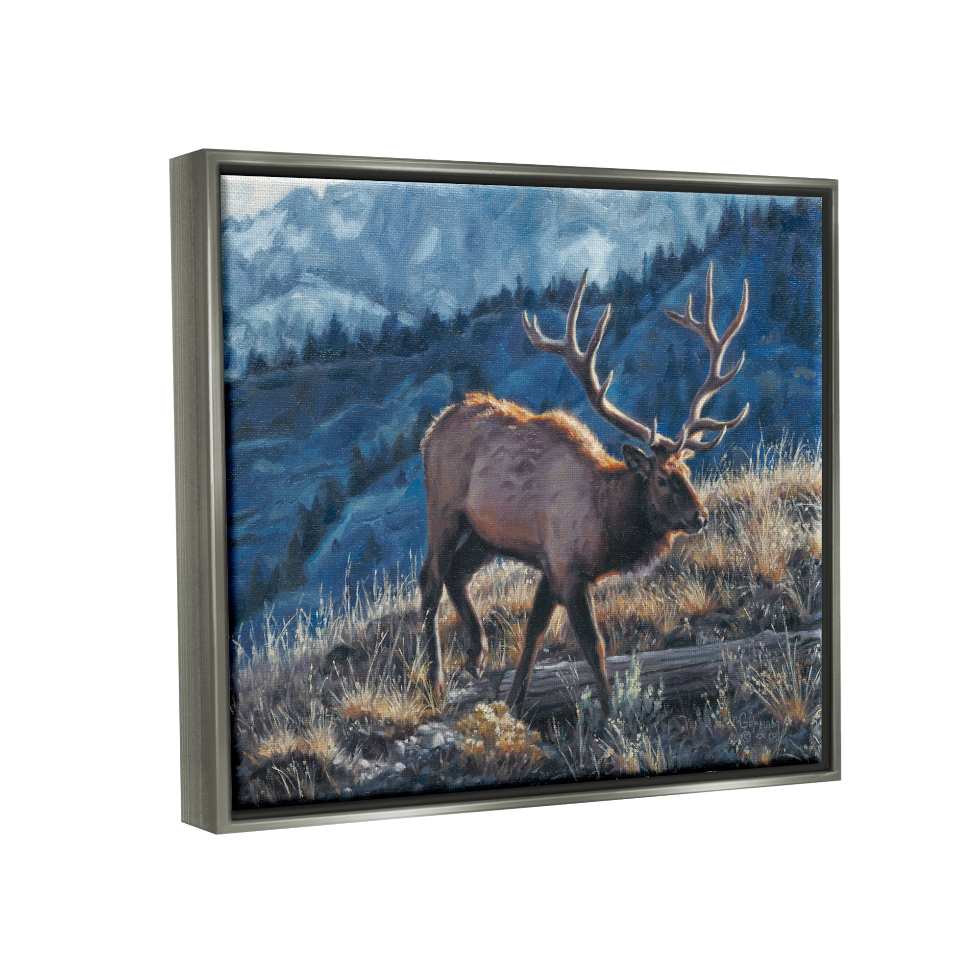 Stupell Industries Cross Country Elk Mountain View Animals & Insects Painting Gray Floater Framed Art Print Wall Art