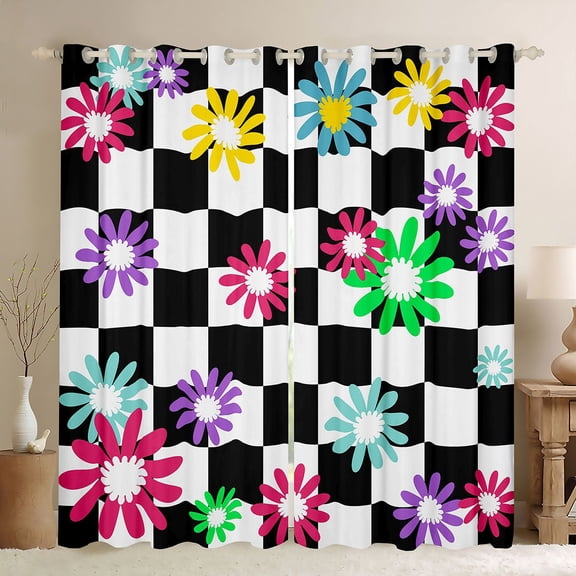 Homewish Boys Girls Groovy Flower Black Out Curtains,Geometric Plaid Curtains Pack of 2 (42x63 Each),Vintage Aesthetic Bedroom Curtains,Breathable Home Decor
