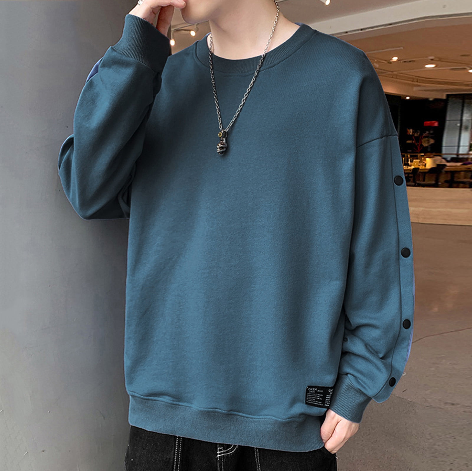 Male Casual Solid Button Hoodless Off Shoulder Sleeve Round Neck