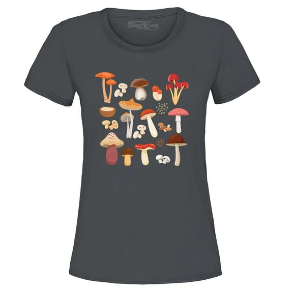 Shop4Ever Women's Mushroom Fungi Mycology Cottagecore Graphic T-Shirt Small Charcoal