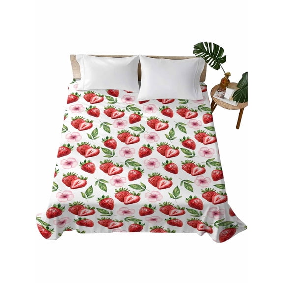 California King Flat Sheet 108"x98", Strawberry Soft Lightweight Bedding Flat Sheets Only, Tropical Summer Red Fruit Cherry Blossoms Brushed Microfiber Top Bed Sheet, Breathable Bedsheets