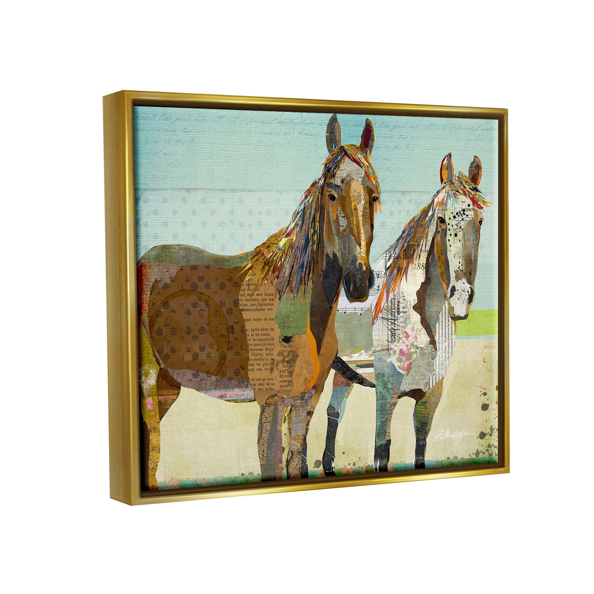 Stupell Industries Wild Farm Horses Layered Newsprint Collage Arrangement Graphic Art Metallic Gold Floating Framed Canvas Print Wall Art, Design by Traci Anderson