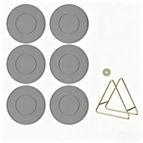 Silicone Trivet Mats 6 Pack with Metal Triangle Storage Rack, 6.3 Inch Double-Sided Heat Resistant Coasters, 240℃ Heatproof Non-Slip Pot Holders for Kitchen Counter, Pots, Pans & Dishes, Gray