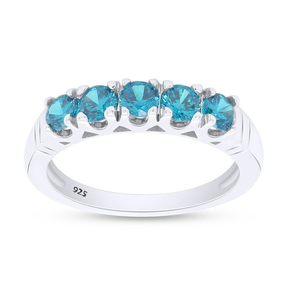 14k White Gold Over Sterling Silver Round Cut Simulated Blue Topaz 5-Stone Eternity Half Ring For Womens Ring Size-7