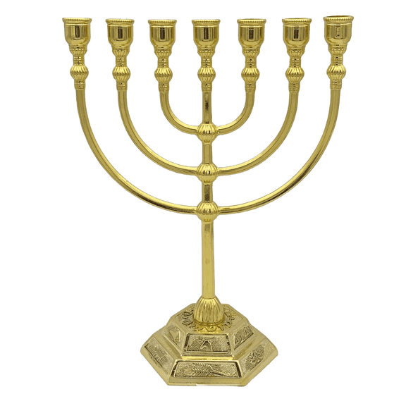 7 Branch Menorah – Handmade Candle Holder, Jewish Candelabra Made with Solid Brass - Religious Artifacts - golden