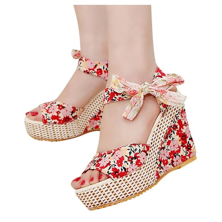 

Womens Wedge Sandals Espadrilles Peep Toe Platform Ankle Strap Lace Bow High Heels Summer Casual Beach Sandals