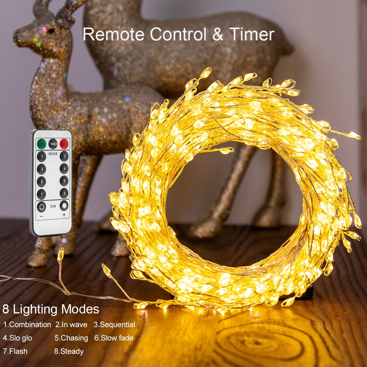 RESNICE Cluster Fairy Lights 100FT Firecracker String Lights 1000 LED Warm White Plug in Indoor Silver Wire String Lights with Remote for Christmas Tree,Plant,Garden,Patio,Backyard