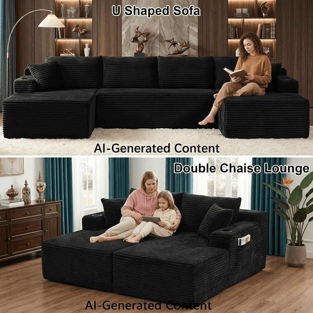 134 Inch Cloud Couch U-Shaped Modular Sectional Sofa, Deep Seat Corduroy Boneless Sofa with Cupholders & Side Storage, Modern Upholstered Couches for Living Room, No Assembly,Black