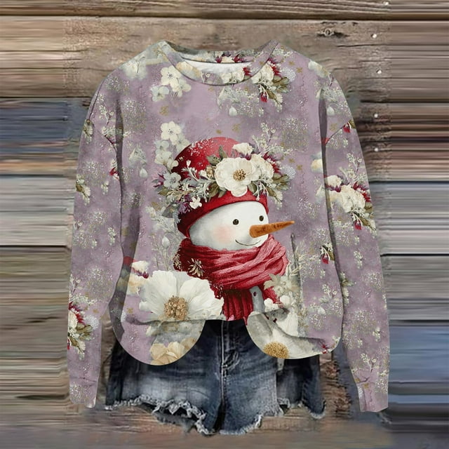 Chandails en Molleton de Noël pour Femmes Grande Taille Col Rond Imprimé Père Noël Manches Longues Vêtements d'Automne Amusants Bleu m