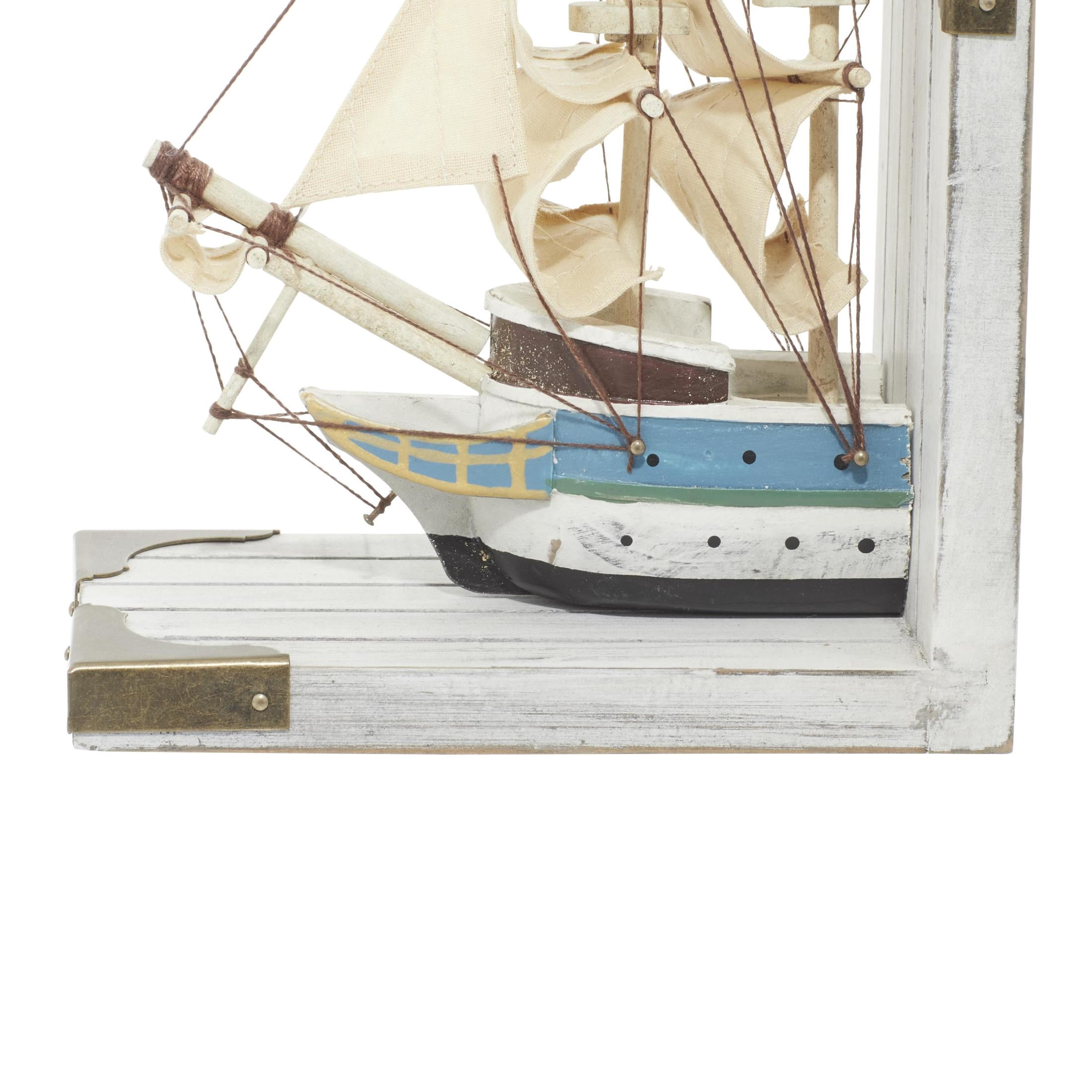 DecMode 6" Sail Boat White Wood Bookends with Real Boat Rigging and Gold Corners (Set of 2)