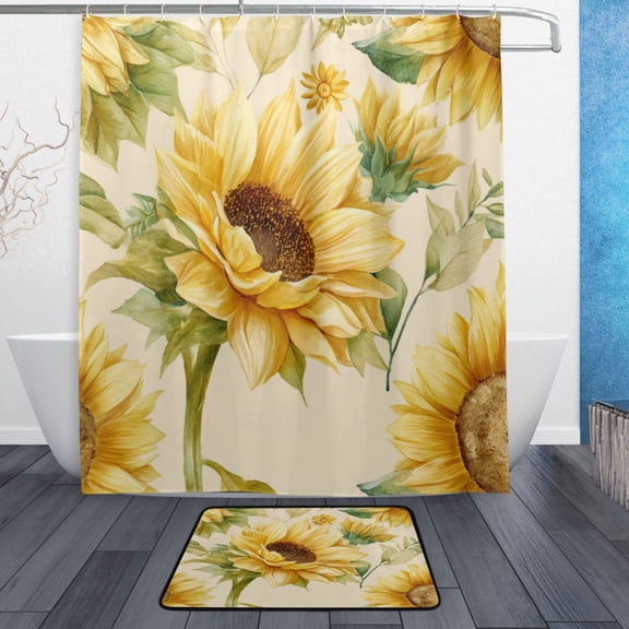 TTYFWHD 60" x 72" Shower Curtain and Bath Mat Set Vintage Fashion Sunflowers Waterproof Bathroom Curtain with 12 Hooks, Bathroom Decor Set