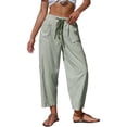thumbnail image 2 of Women's Summer Casual Pants Striped Washed Cotton High Waist Drawstring Loose Fit Cropped Trousers with Pockets for Vacation, 2 of 8