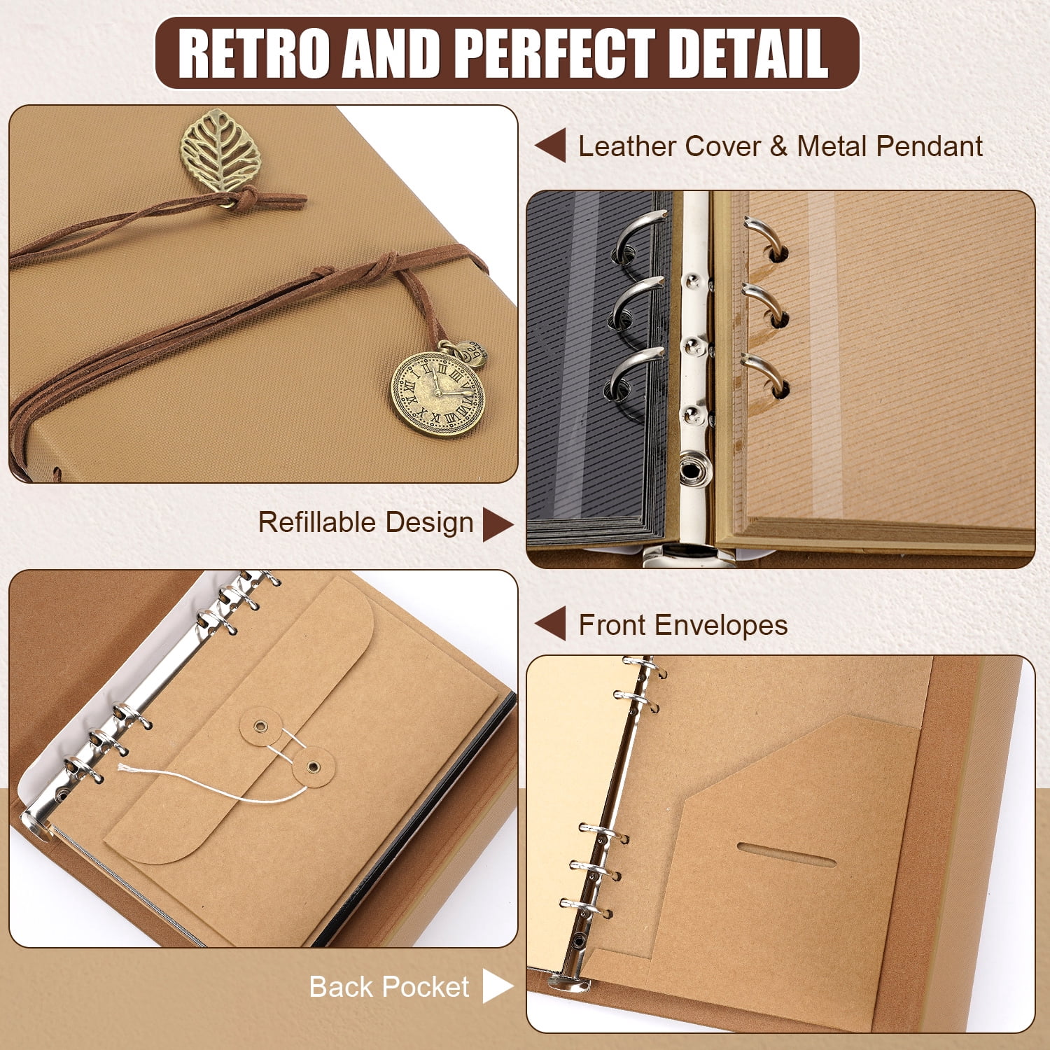 TJT 104 Pages Scrapbook Album, Self Adhesive Photo Album DIY Photo Book, Leather Memory Book for Wedding Baby Family Travel Birthday Christmas Khaki