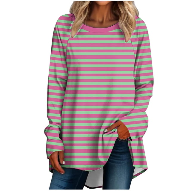 ameIAEA Tuniques pour Femmes à Porter avec des Leggings Blouse à Manches Longues Rayée Col Rond Color Block