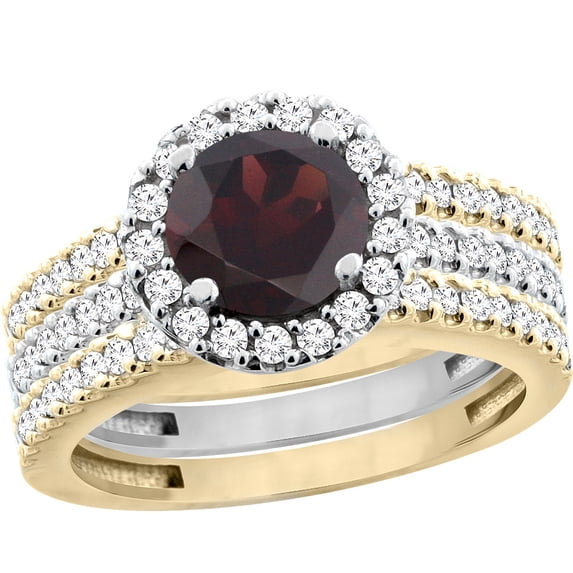 10K Gold Natural Garnet 3-Piece Ring Set Two-tone Round 6mm Halo Diamond, size 5