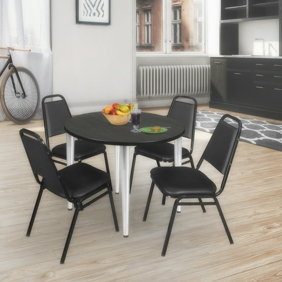 Regency Kahlo 36 in. Round Breakroom Table- Ash Grey Top, Chrome Base & 4 Restaurant Stack Chairs- Black
