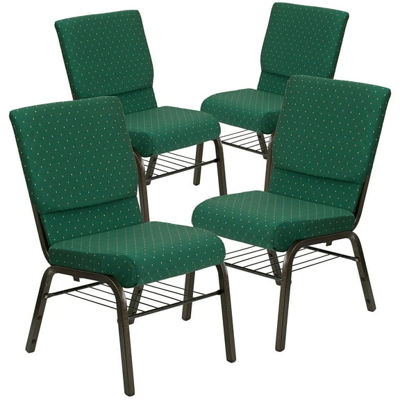 Flash Furniture 4 Pk. 18.5''W Church Chair in Green Patterned Fabric with Book Rack - Gold Vein Frame