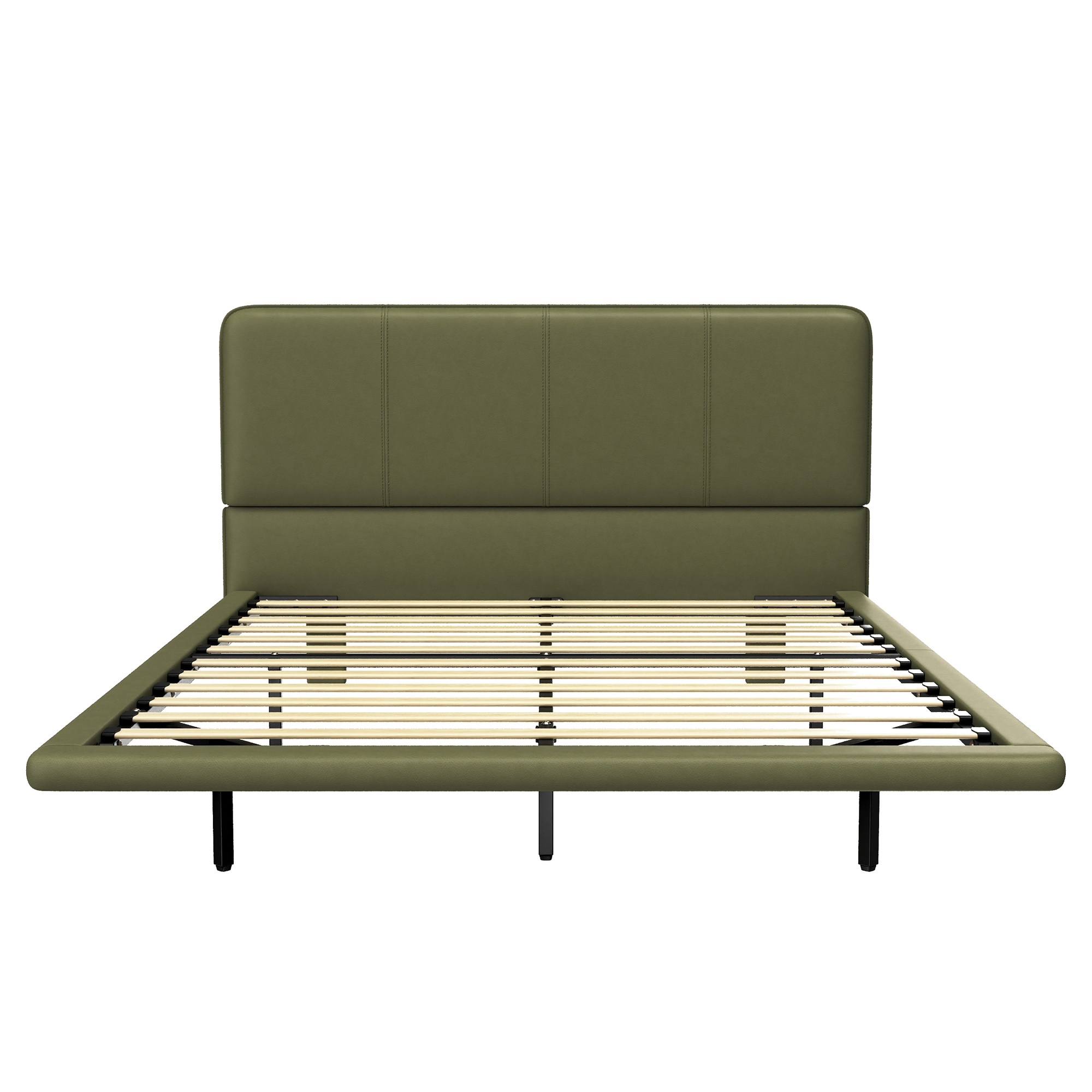 Alvantor Full Size Floating Bed Frame with LED Lights, Upholstered Leather Platform Bed for Bedroom Green