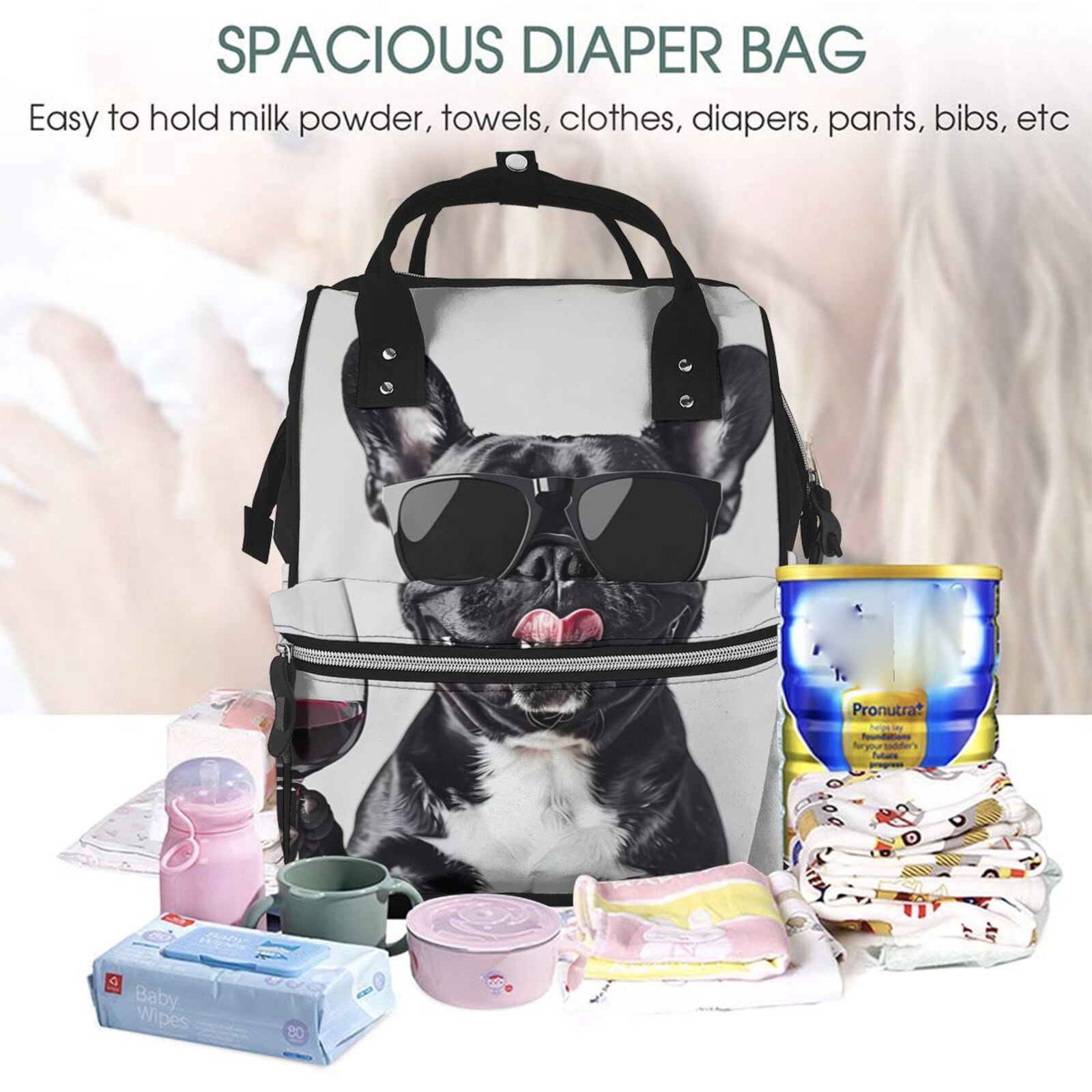 Ratiio Cool French Bulldog Wine Mummy Backpack - Waterproof Twill Canvas, Large Capacity Diaper Bag with Multiple Pockets and Adjustable Straps
