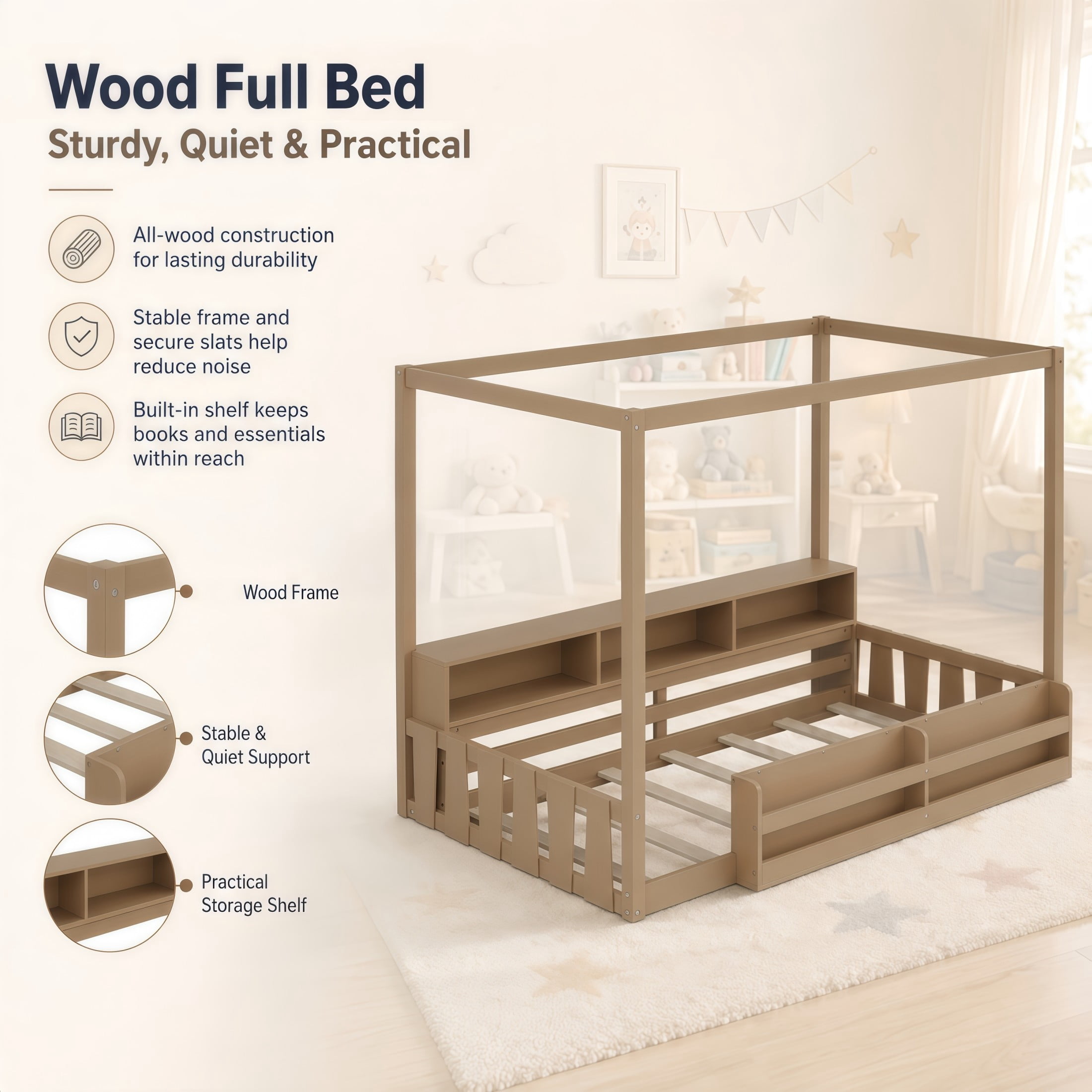 GDF Studio Misol Twin Size Montessori Canopy Floor Bed with Storage & Guardrails, Pine Wood Kids Bed Frame, Dark Brown