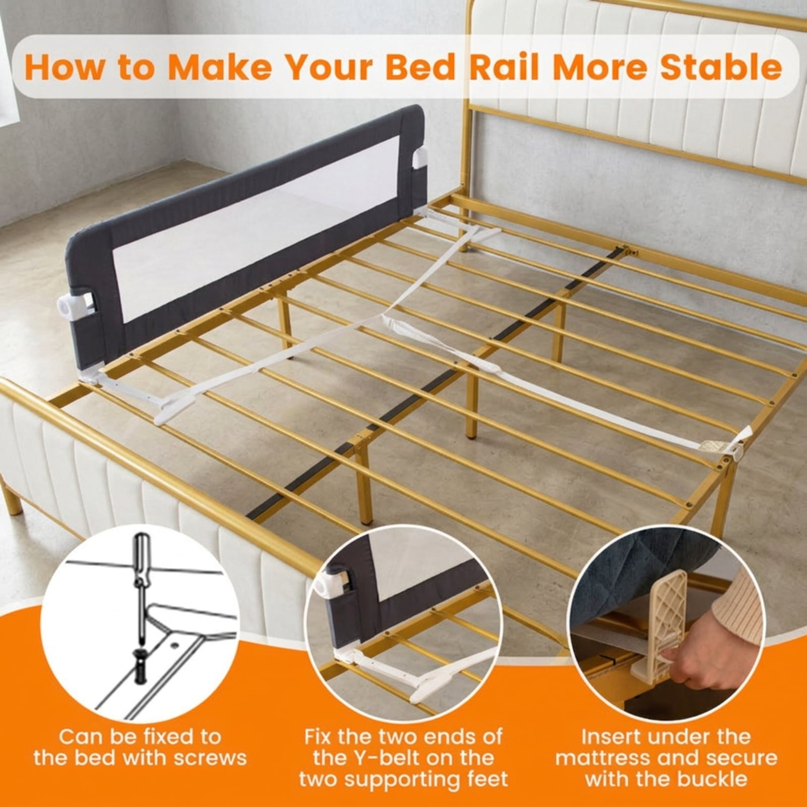 SUGIFT 60 Inch Foldable Bed Side Rails Swing Down Guard with Waterproof Oxford Cloth PP Cotton Padding Breathable Mesh T Shaped Legs and Adjustable Safety Strap, Grey