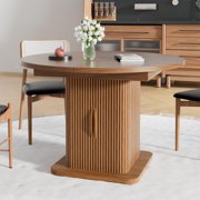 Extendable Round Dining Table for 4–8, 59 Modern Kitchen Table with Storage & Fluted Wood Sliding Door, Walnut