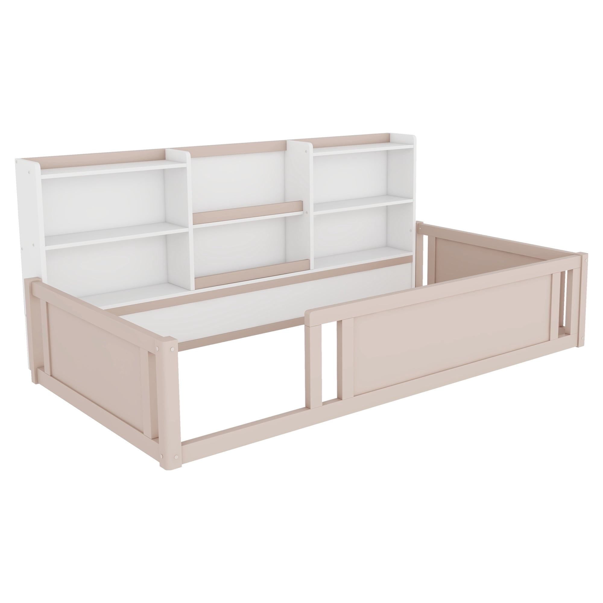 Mintazer Twin Size Montessori Floor Bed with Bookcase Headboard & Guardrails, Kids Platform Bed Frame with 6 Cubby Storage Shelves for Bedroom, White & Natural