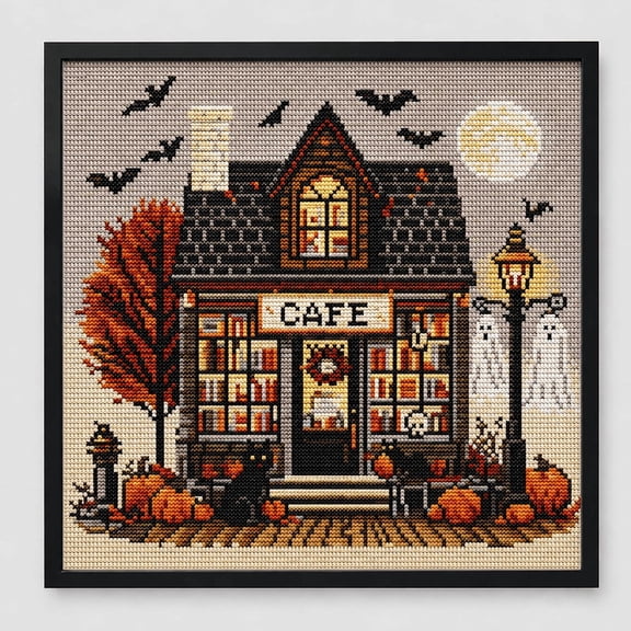 Halloween Coffee Shop Cross Stitch Kit, Beginner Friendly Printed Cross Stitch Art Set, Retro Autumn Cafe Embroidery with Classic Halloween Pumpkin & Bat Decor Motifs