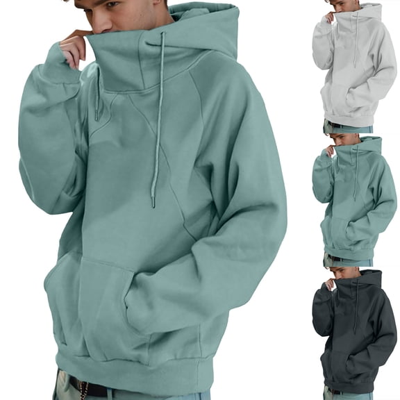 Zedker Mens Turtleneck Hoodies Jacket Cowl Neck Hooded Sweatshirts Casual Oversized Pullover Fall Winter Hoodie Sweater Black L