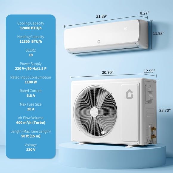 Aire acondicionado split pared 12000 BTU – Inverter 6 en 1 – Alta eficiencia SEER19 – Bomba de calor – Control silencioso – Kit instalación incluido – R32 – Hasta 70m² – Cumple regulaciones EE. UU.