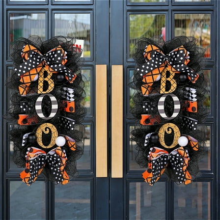 Halloween Wreath for Front Door ,21"  Halloween Bowknot Black Mesh Pumpkin Bowknot Wreath with 2 Bowknot Floor for Home Decoration Hanging Wreath Decoration for Halloween