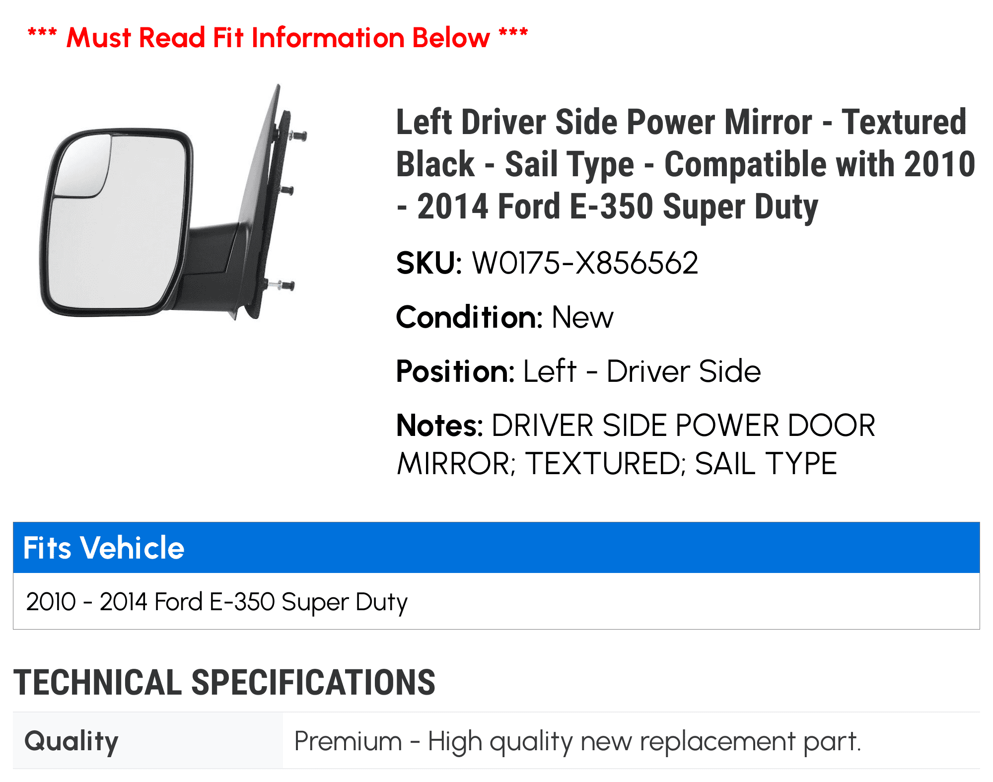 Left Driver Side Power Mirror - Textured Black - Sail Type - Compatible with 2010 - 2014 Ford E-350 Super Duty 2011 2012 2013