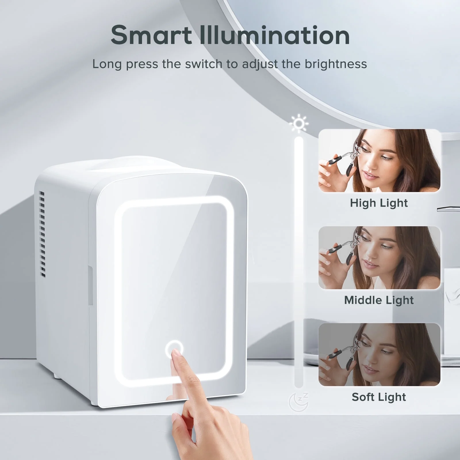 Auseo Mini Personal Fridge Cooler, LED Lighted Mirror, 4L Capacity Portable, Makeup and Skincare - AC/DC Refrigerator, Car, Office Desk & Dorm - Chills 6 Cans, White