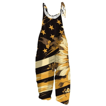 MGCWSH Womens Independence Day Jumpsuits Red White and Blue Jumpsuits Linen Usa Flag Spaghetti Strap One Piece Overalls Wide Leg Fashion Romper Yellow M