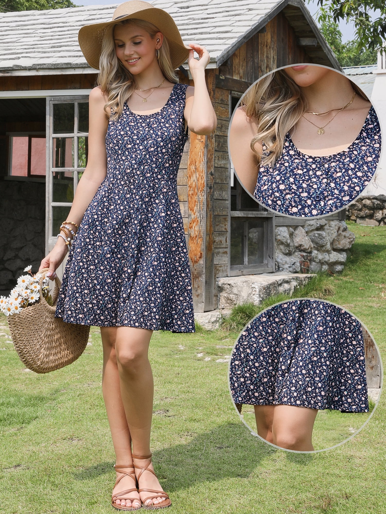 DARING DIVA Women's Floral Tank A-Line Square Neck Sleeveless Strap Sundress XS Dark Blue