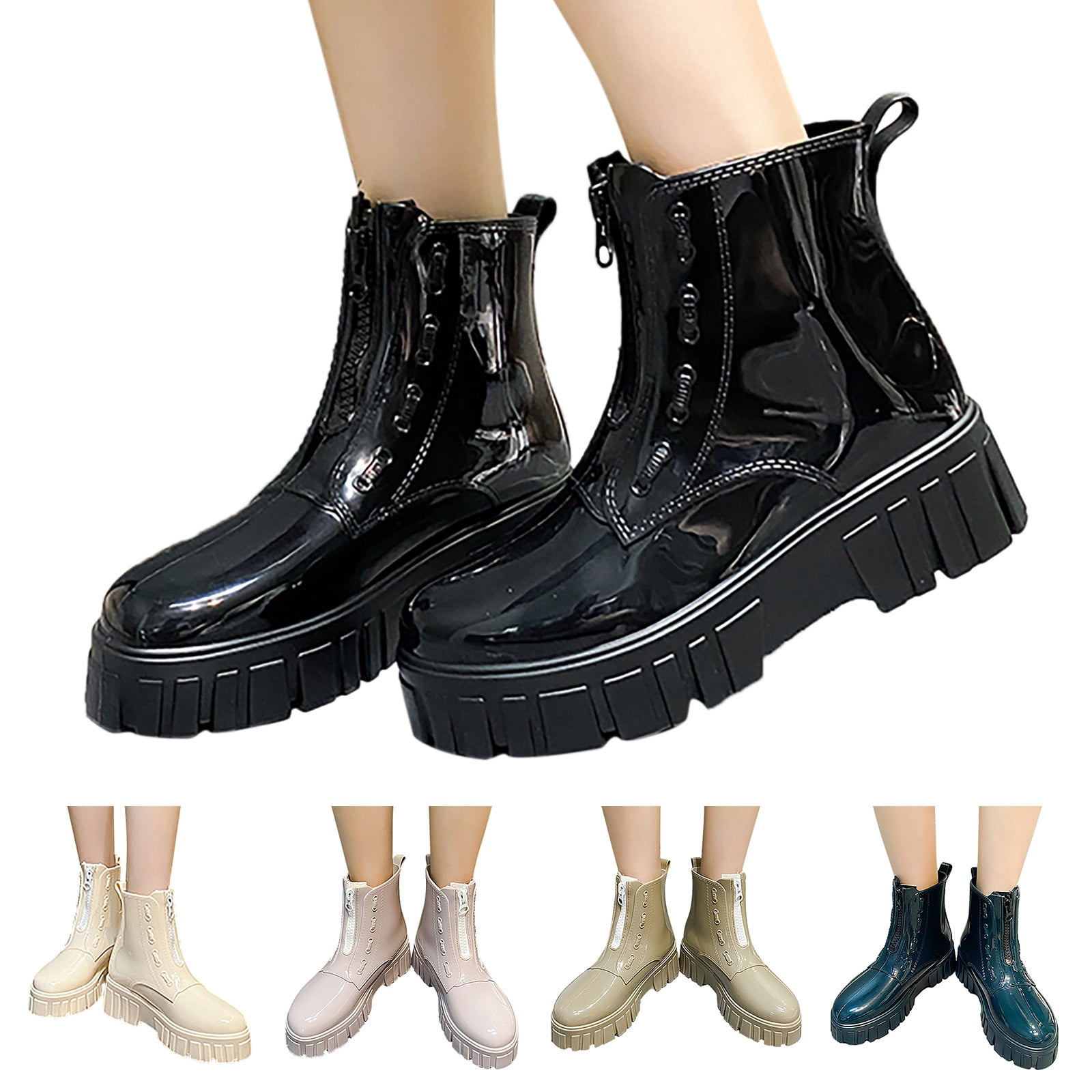 Mepaouo Women's Fashion Zipper Rain Boots Waterproof Platform Rubber Work Chelsea Ankle Booties